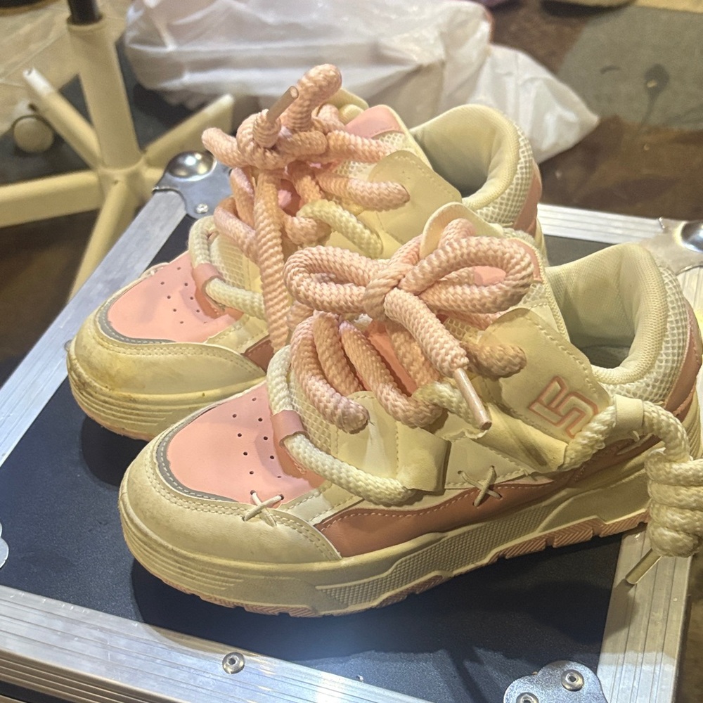 Kids Lace-Up Chunky Sneakers in Pink and Cream